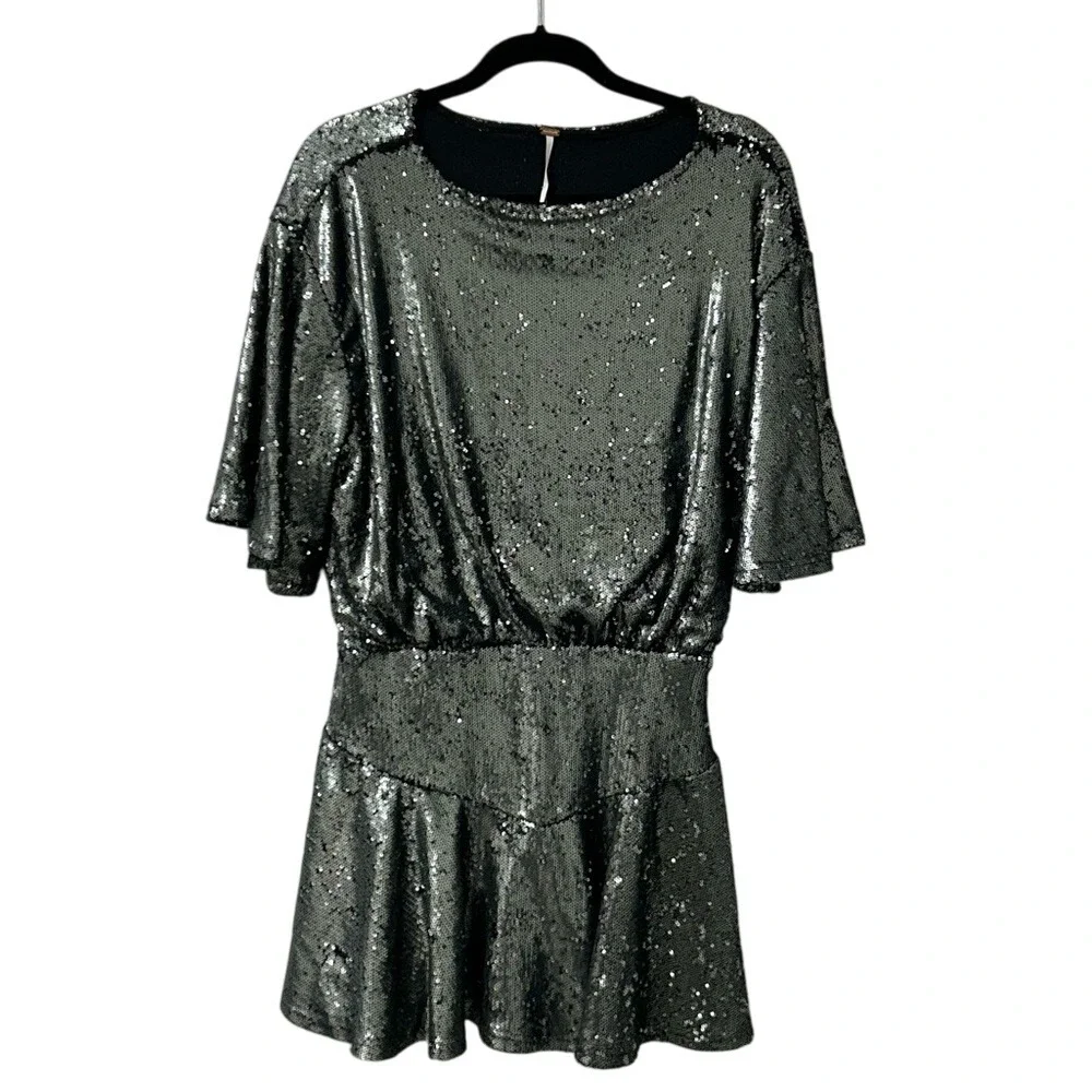 Free People NWT Manuka Sequin Mini Dress Women's Size Medium Silver Party‎